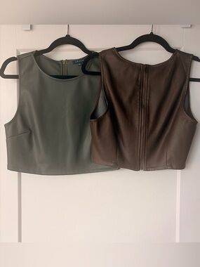 KIRIOUS Brown and green faux leather crop tops